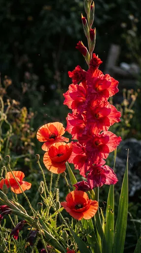 Sunlit Red Gladiolus and Poppies in Garden
