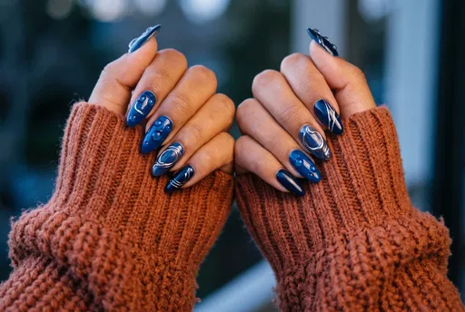 Blue Manicured Nails With Chrome Accents
