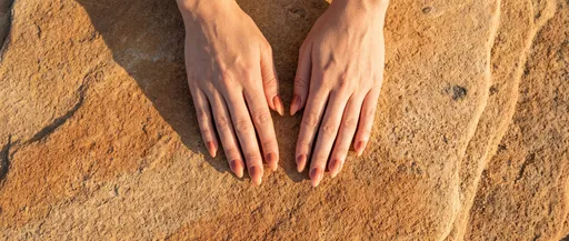 Hands with Terracotta Ombre Nails on Sandstone