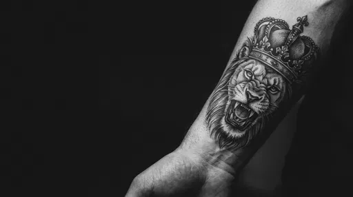 Monochrome Lion and Crown Forearm Tattoo
