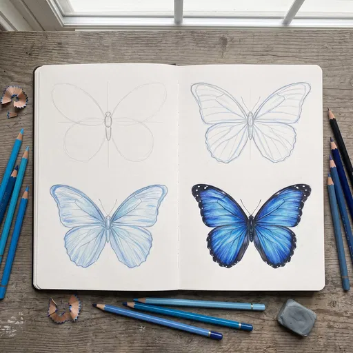 Blue Morpho Butterfly Drawing Stages Sketchbook