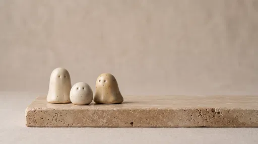 Three Ceramic Ghost Figurines on Stone