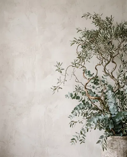 Olive and Eucalyptus Branches Against Plaster Wall