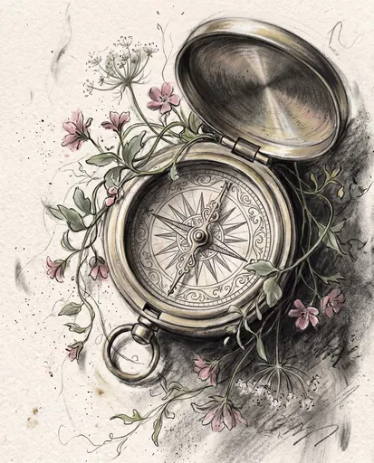 Antique Pocket Compass and Wildflowers Drawing