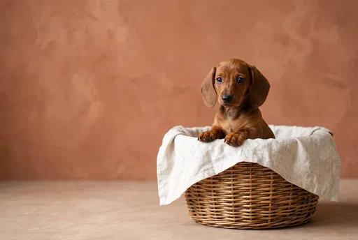 Red Dachshund Puppy in Woven Basket