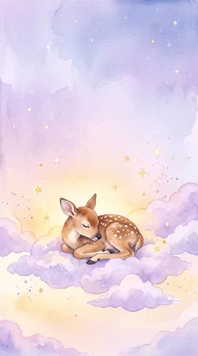 Sleeping Baby Fawn on Pastel Lavender Clouds