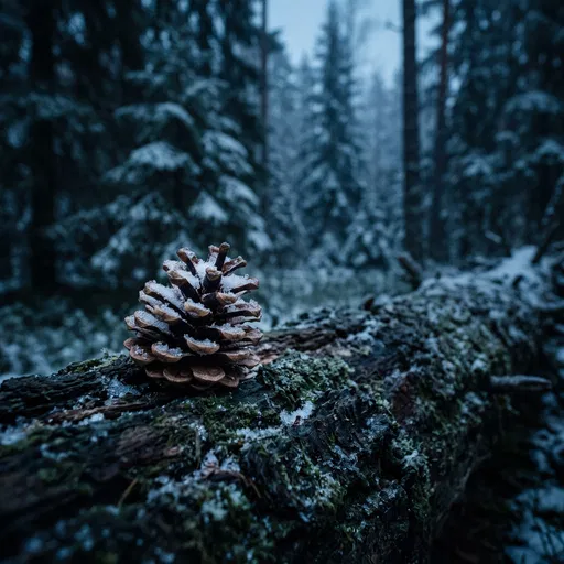 Snowy Pinecone on Mossy Forest Log