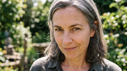 Middle-Aged Woman Smirking in Sunny Garden