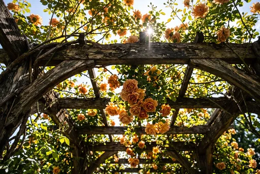 Sunlit Amber Roses on Rustic Wooden Arbor
