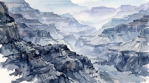 Blue Watercolor Painting of Canyon Ridges