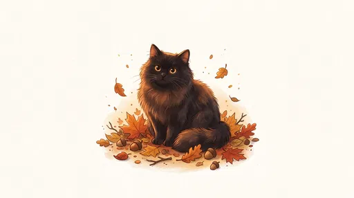 Fluffy Black Cat in Autumn Leaves