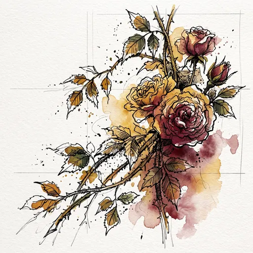 Ink and Watercolor Rose Branch Sketch