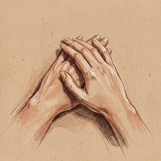 Terracotta Pencil Drawing of Overlapping Hands
