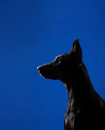 Black Doberman Profile on Blue Background