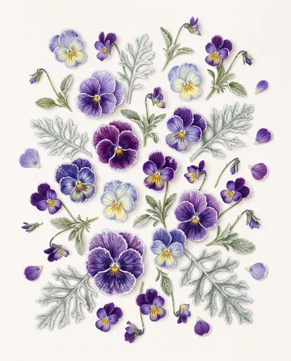 Frosted Purple Pansies Botanical Flat Lay