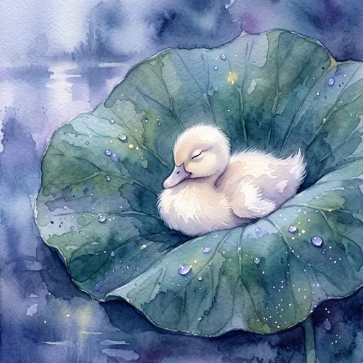 Watercolor Sleeping Duckling on Lotus Leaf