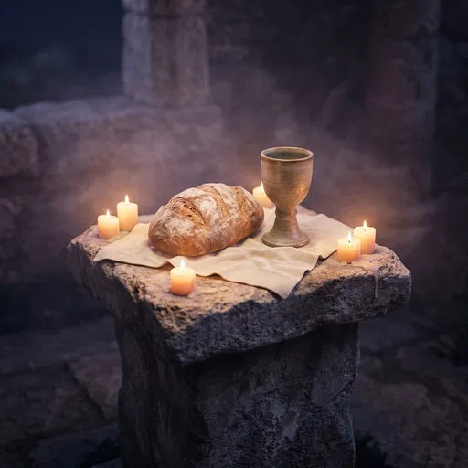Bread and Goblet on Stone Altar