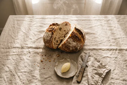 Freshly Cut Sourdough Bread with Butter