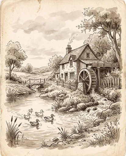 Vintage Sepia Watermill and Ducks Illustration