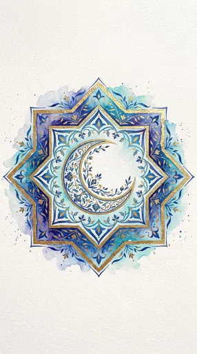 Watercolor Islamic Star and Crescent Moon
