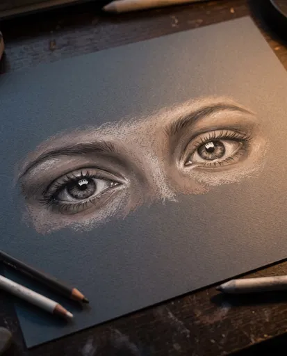 Pastel Pencil Drawing of Eyes on Paper