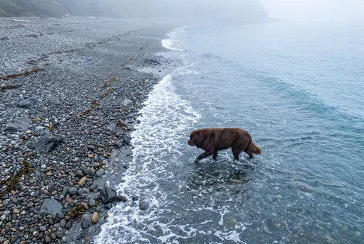 Brown Newfoundland Dog on Misty Pebble Beach