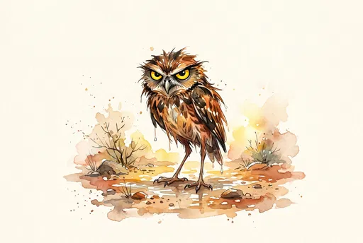 Watercolor Illustration of Grumpy Wet Owl