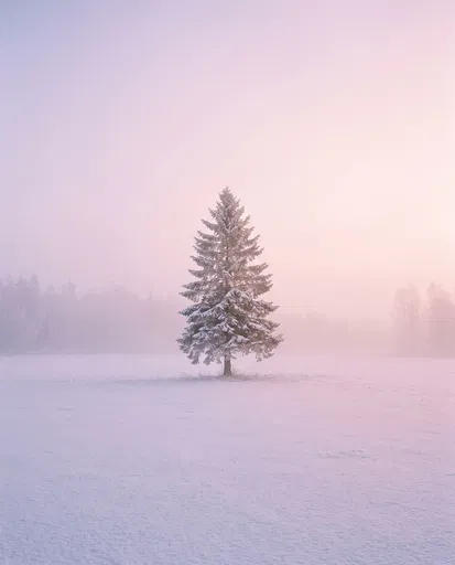 Lone Snowy Spruce in Pastel Fog
