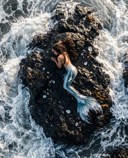 Siren Resting on Black Ocean Rock