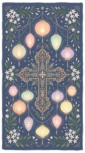 Folk Art Cross and Pastel Paper Lanterns