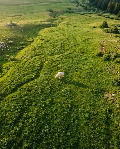 Aerial View of White Llama Grazing