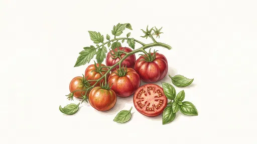 Botanical Illustration of Heirloom Tomatoes and Basil