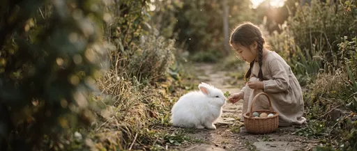 Girl Offering Clover to White Rabbit