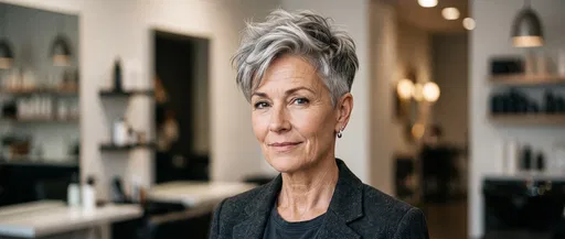 Mature Woman With Silver Pixie Cut