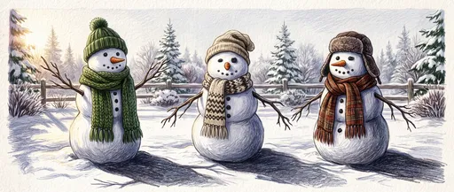 Three Snowmen Colored Pencil Winter Illustration