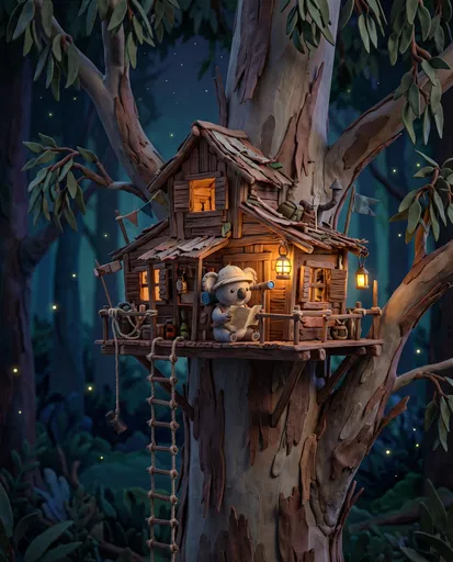 Claymation Koala Explorer in Illuminated Treehouse