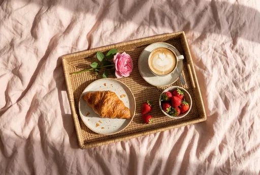 Breakfast Tray on Blush Linen Sheets
