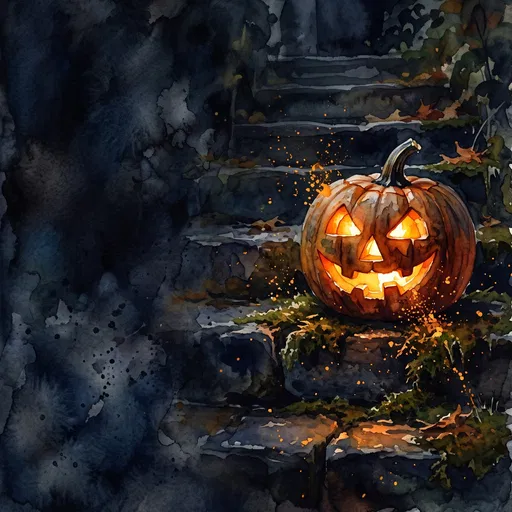 Watercolor Jack-O'-Lantern on Dark Stone Steps