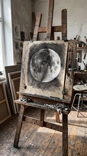 Charcoal Moon Drawing on Studio Easel