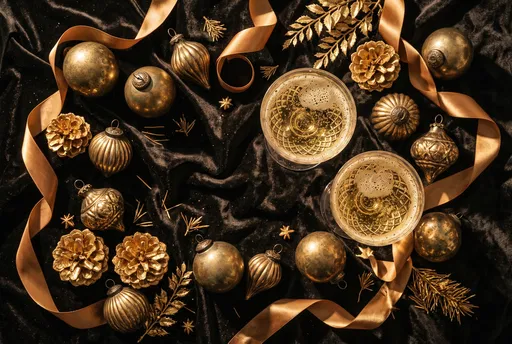 Luxury Gold Holiday Ornaments and Champagne
