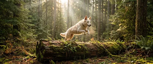 White Shepherd Leaping Over Mossy Forest Log