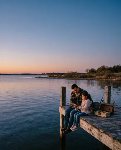 Father and Daughter Fishing on Lake Pier