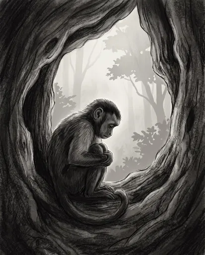 Monochrome Illustration of Sad Monkey in Tree
