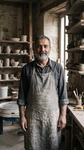 Bearded Ceramicist Standing in Pottery Workshop