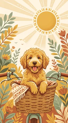 Goldendoodle Puppy in Bicycle Basket Illustration