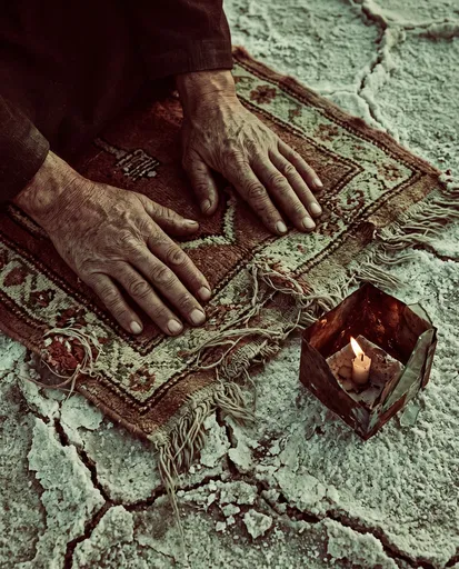 Weathered Hands on Rug Over Salt