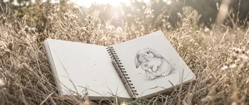 Sketchbook With Bunny Drawing In Meadow