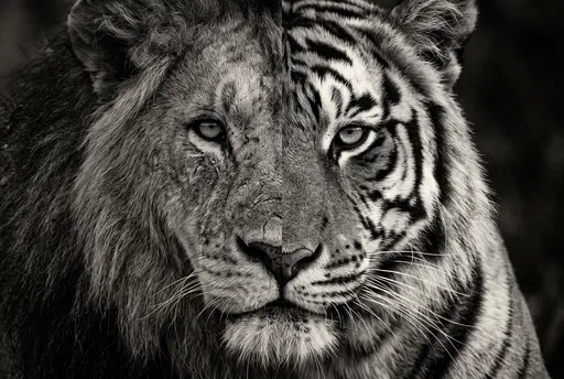 Monochrome Split Portrait of Lion and Tiger
