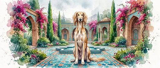 Watercolor Saluki in Lush Persian Garden