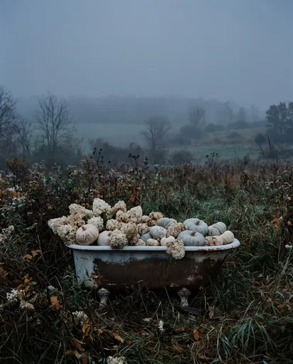 Vintage Bathtub With Pumpkins in Misty Meadow